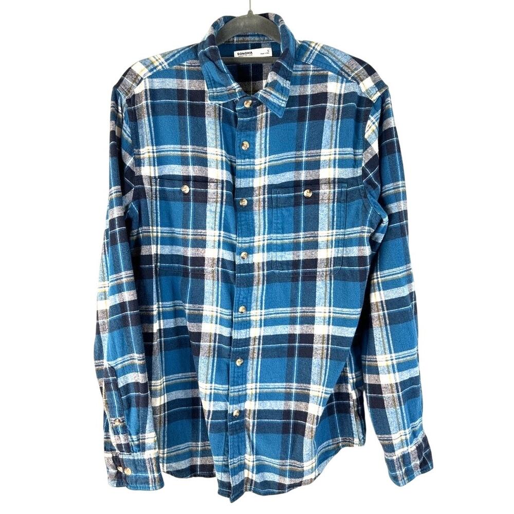 Sonoma Mens Small Blue Plaid Flannel Shirt Cotton Button Workwear Top kidcore